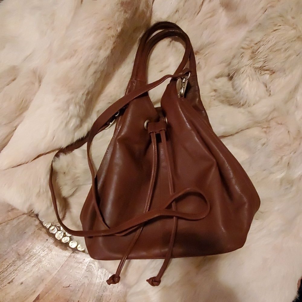 Crossing Pointe Brown Leather Drawstring Bag - image 7